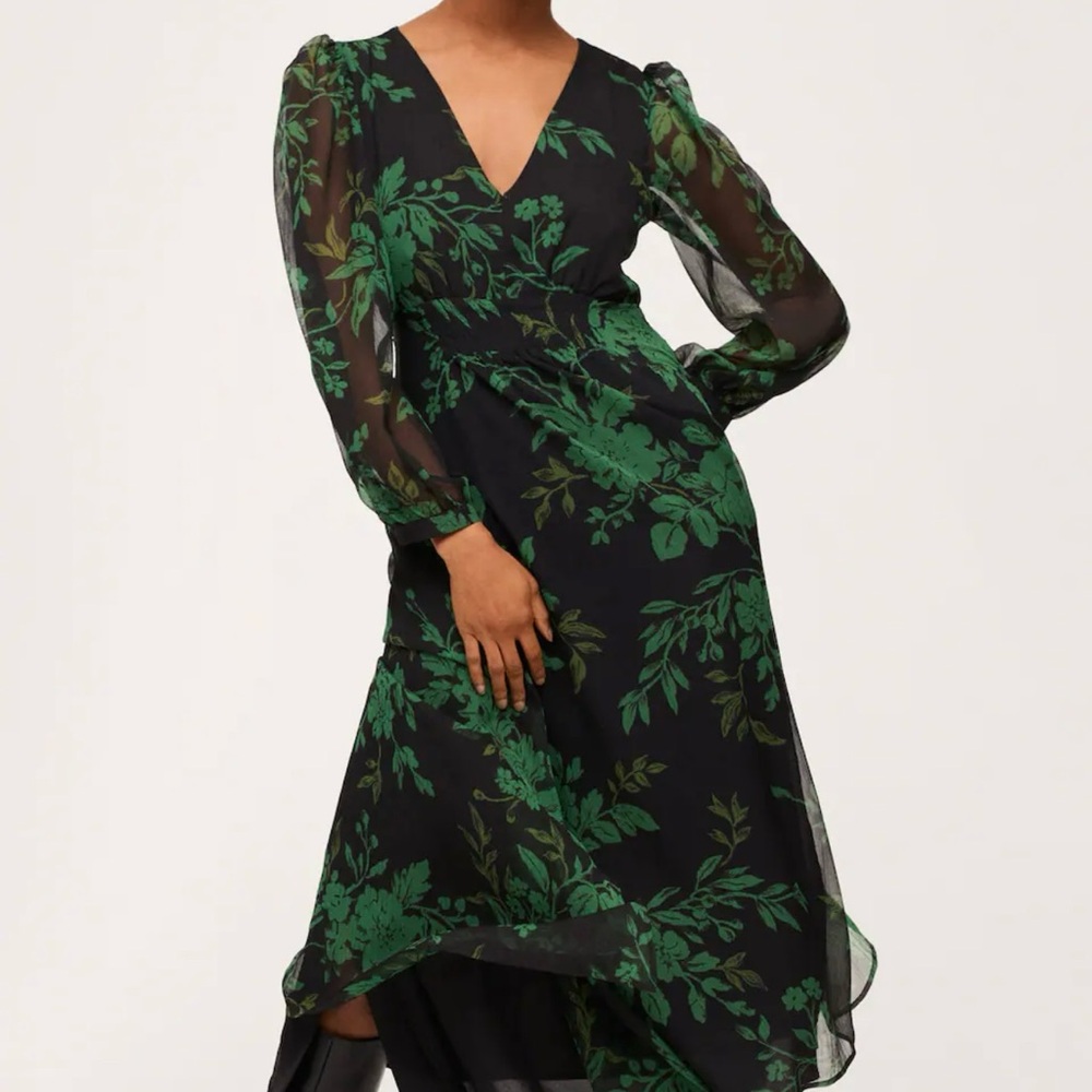 Mango Black Dress with Green Floral Design